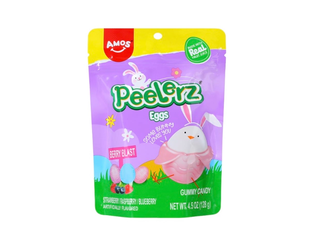 A colorful package of Peelerz Eggs gummy candy featuring a cartoon bunny holding a pink egg, pastel Easter eggs, and a label indicating Berry Blast flavor with strawberry, raspberry, and blueberry flavors.