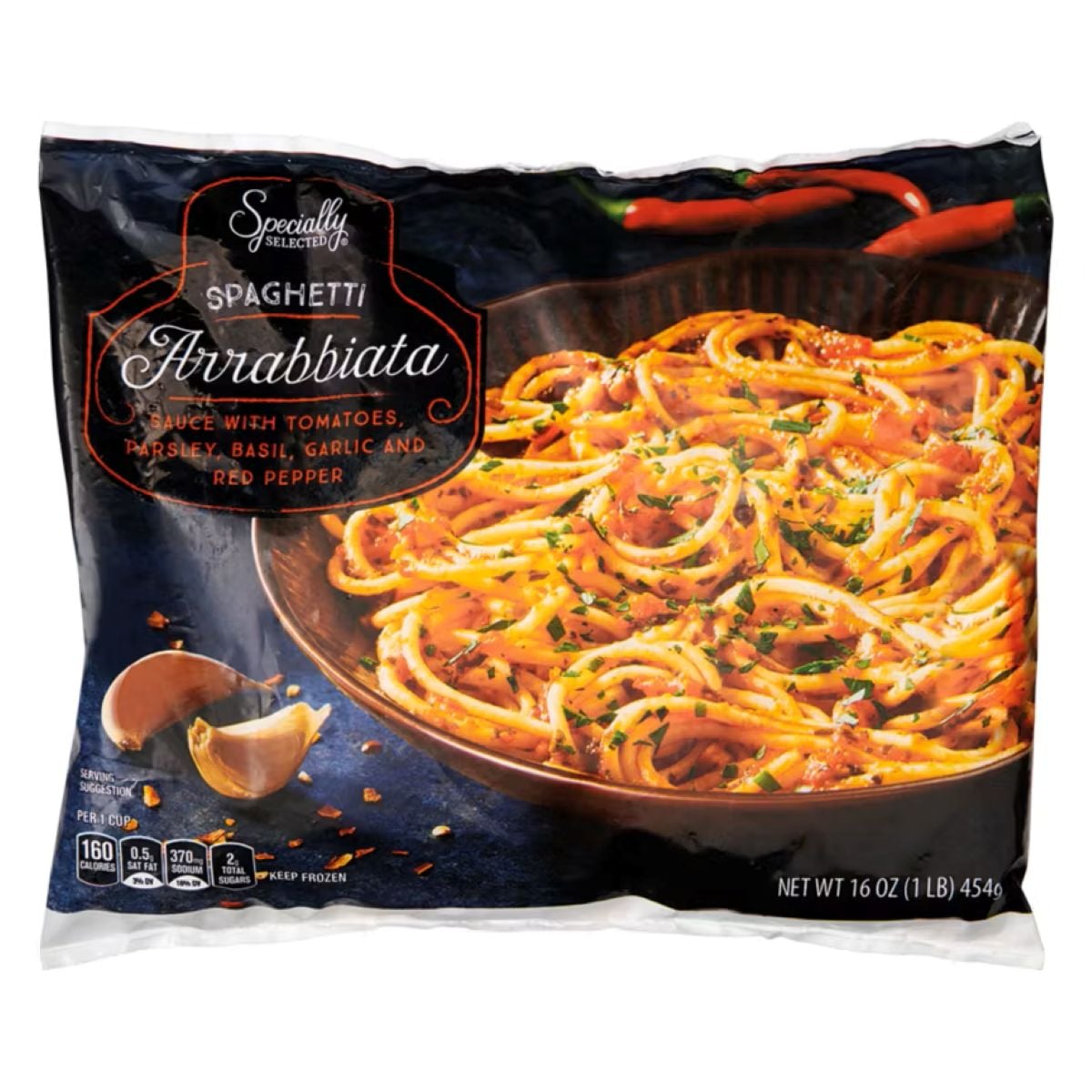 A package of Specially Selected Spaghetti Arrabbiata, featuring an image of spaghetti with tomato-based sauce, garnished with herbs and red pepper, with garlic cloves pictured on the front. Net weight: 16 oz (454g).