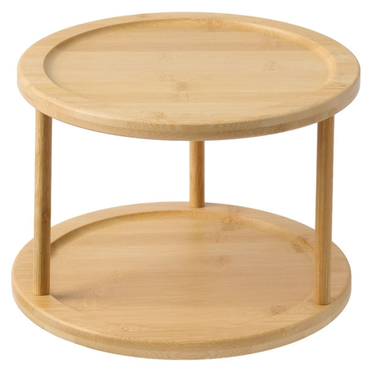 A round, two-tiered bamboo organizer with raised edges and three vertical supports connecting the upper and lower shelves.