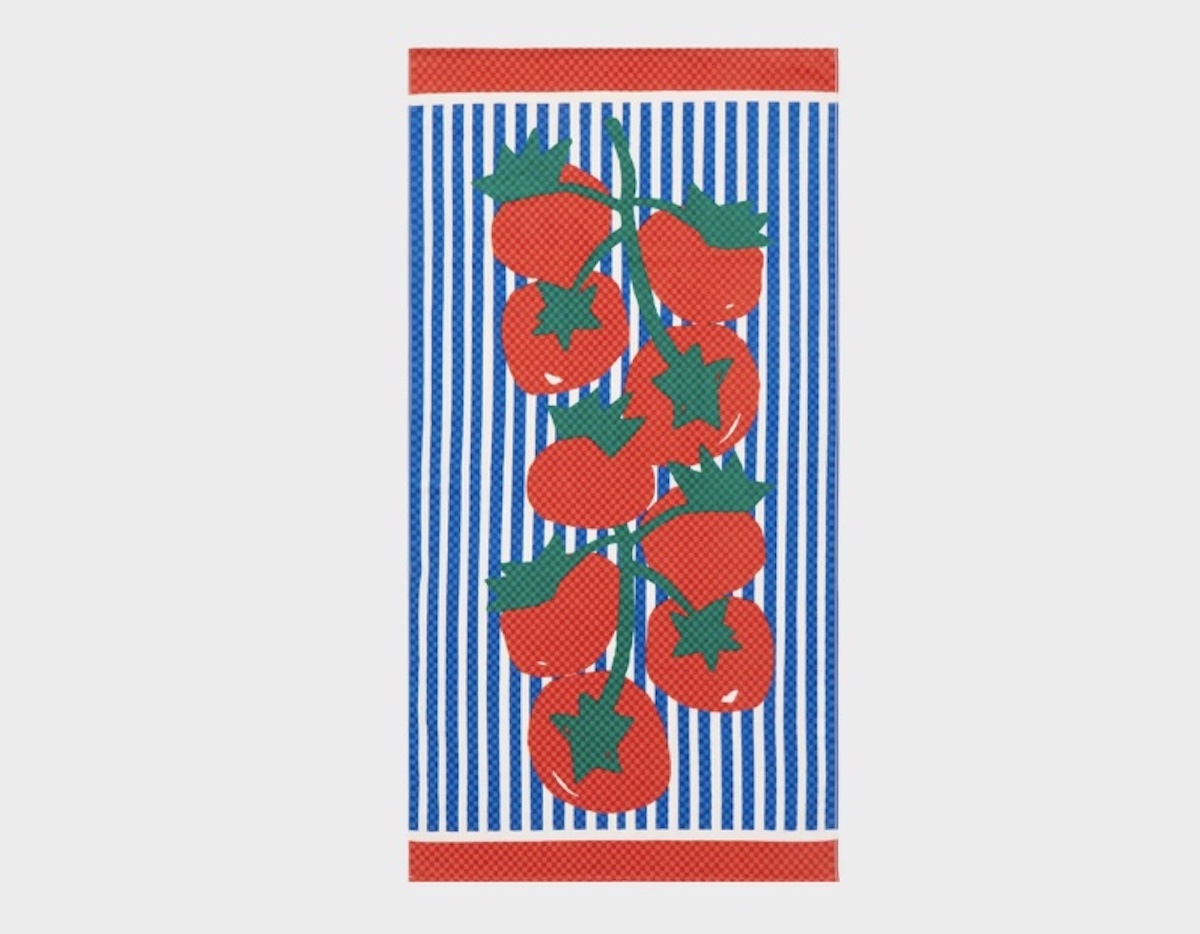 A graphic illustration of a cluster of red tomatoes with green stems on a background of vertical blue and white stripes, bordered by solid red bands at the top and bottom—evoking fresh vibes perfect for spring break.