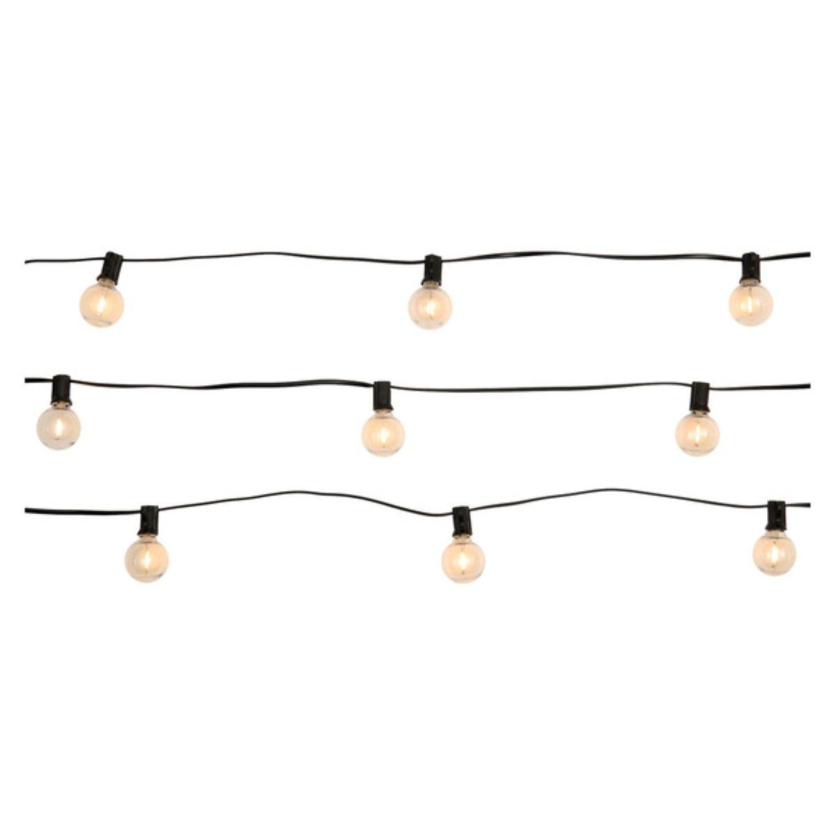 A set of string lights featuring evenly spaced round bulbs connected by black wires, arranged in three horizontal rows against a white background.