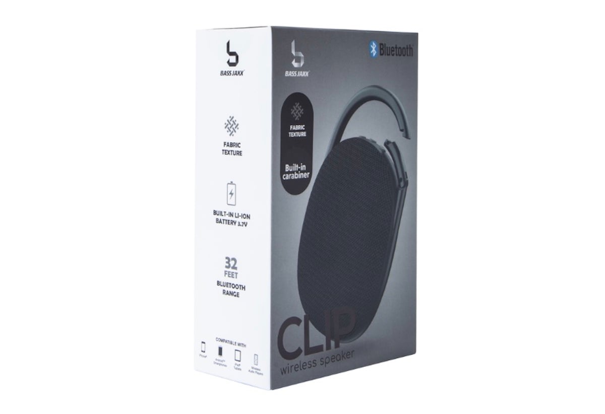 Product packaging for a Bass Jaxx Clip wireless speaker, featuring images and icons that highlight fabric texture, built-in carabiner, Bluetooth connectivity, 32-foot range—one of the top five below finds for music lovers on the go.