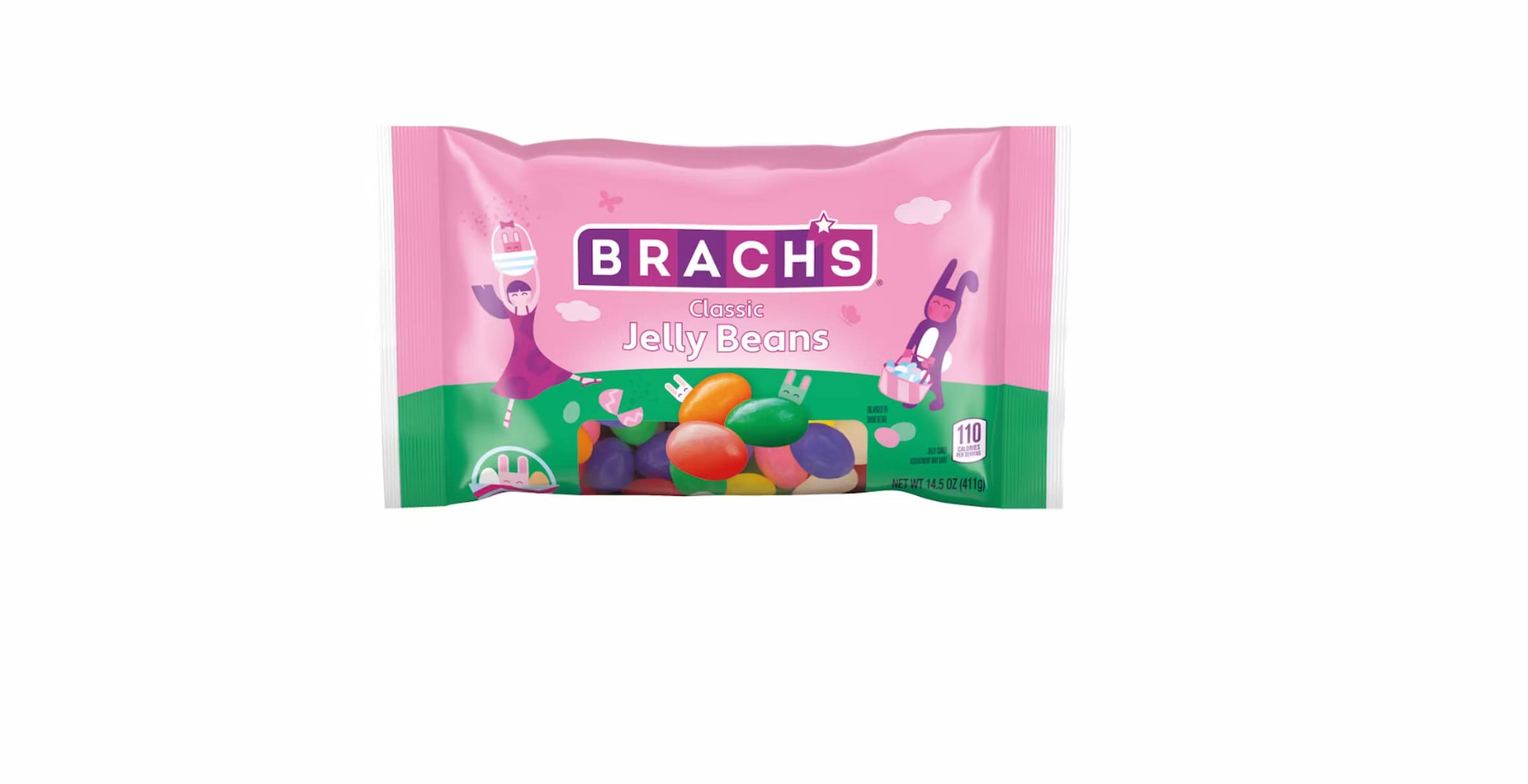 A pink bag of Brach's Classic Jelly Beans with colorful jelly beans pictured on the front and cartoon characters on each side. The package is labeled as containing 110 calories per serving.