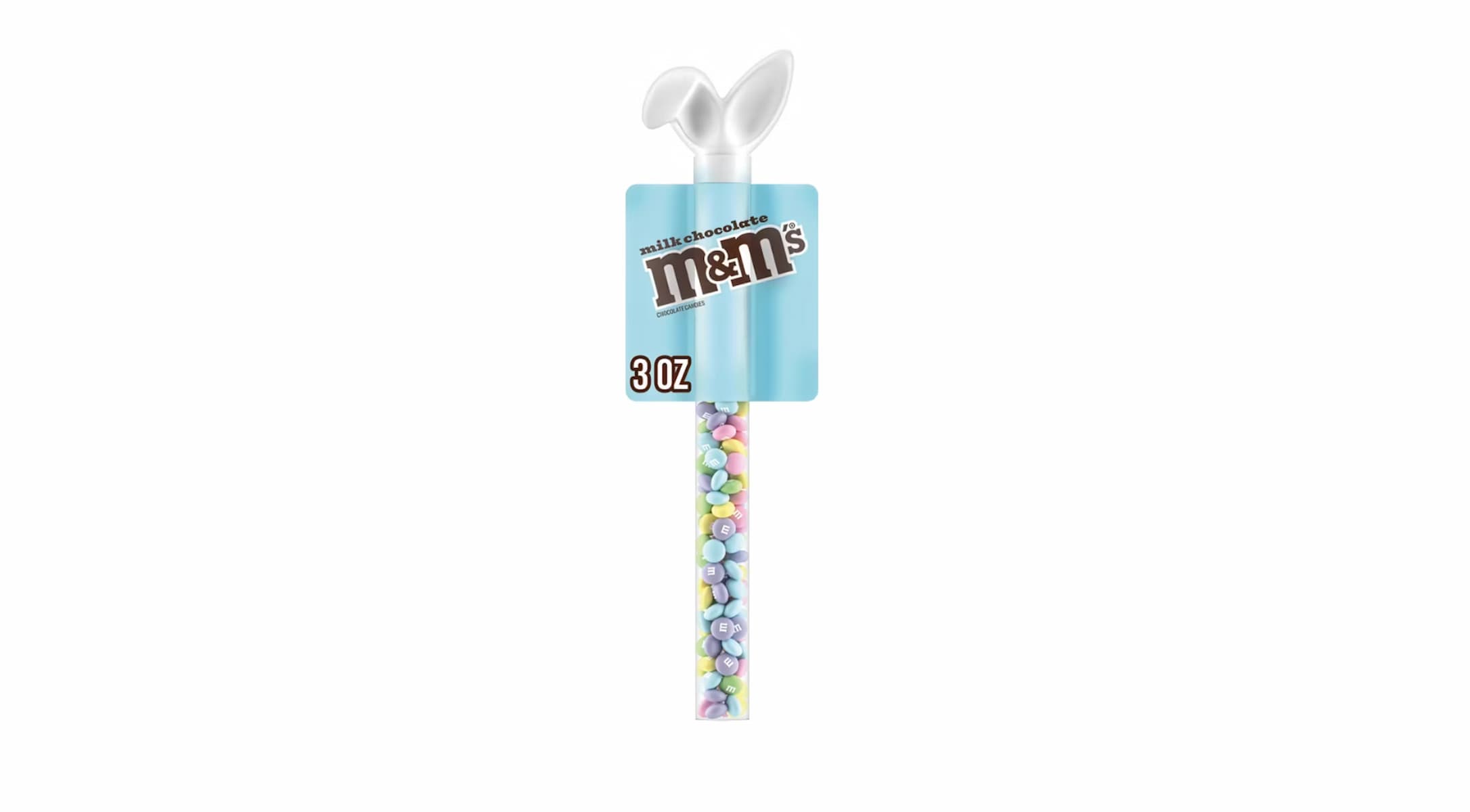 A tube filled with pastel-colored M&M's, topped with white bunny ears and a blue label that reads "milk chocolate M&M's" and "3 OZ.