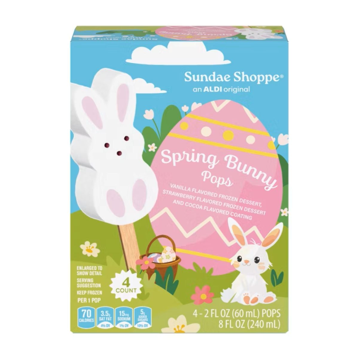 A colorful box of Sundae Shoppe Spring Bunny Pops shows a bunny-shaped ice cream pop, a cartoon bunny, and a large decorated Easter egg on a spring background. The box contains four 2 fl oz frozen dessert pops.