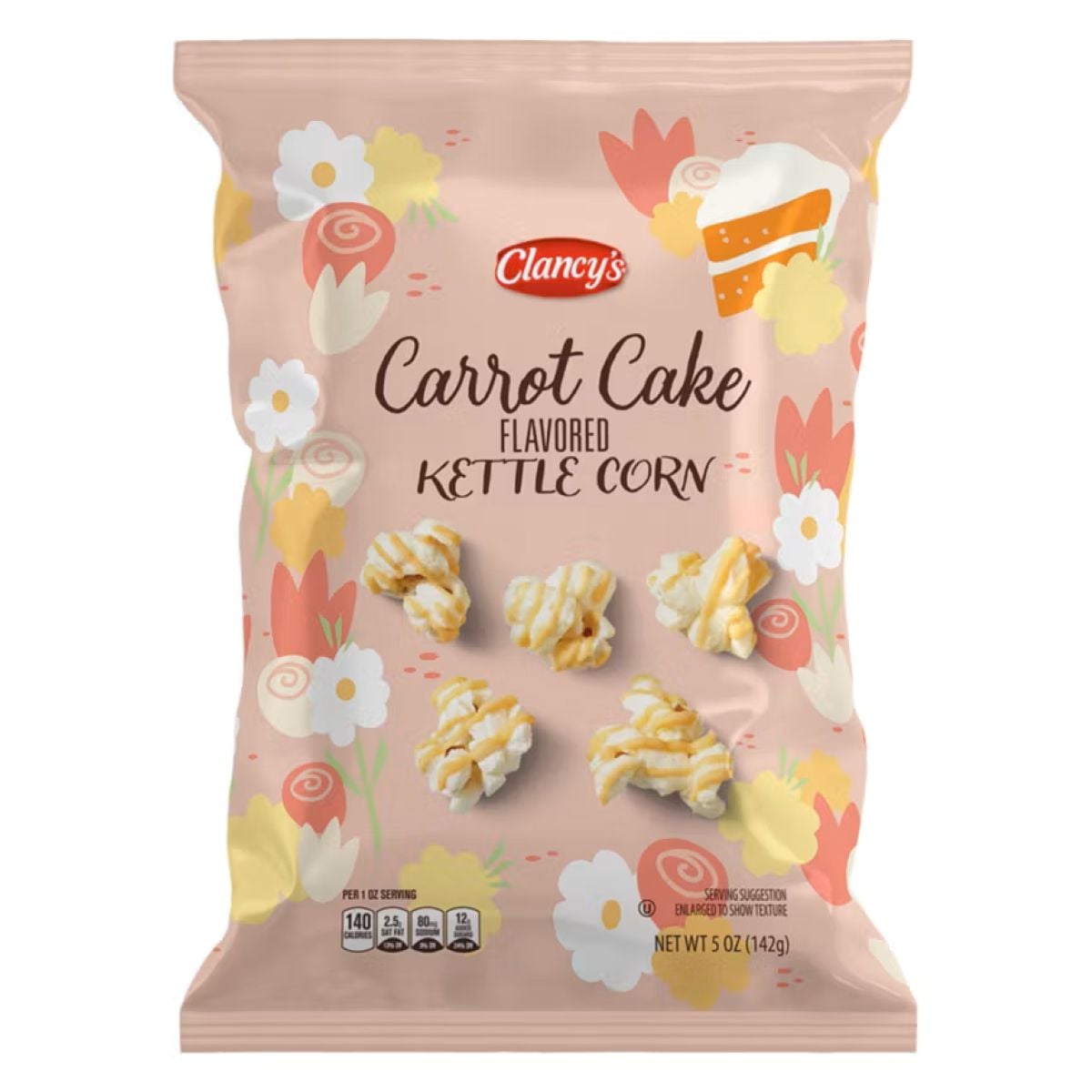 A bag of Clancy's Carrot Cake Flavored Kettle Corn with illustrated flowers and a slice of carrot cake on a pink background. Pieces of kettle corn are pictured on the front of the 5 oz (142g) bag.