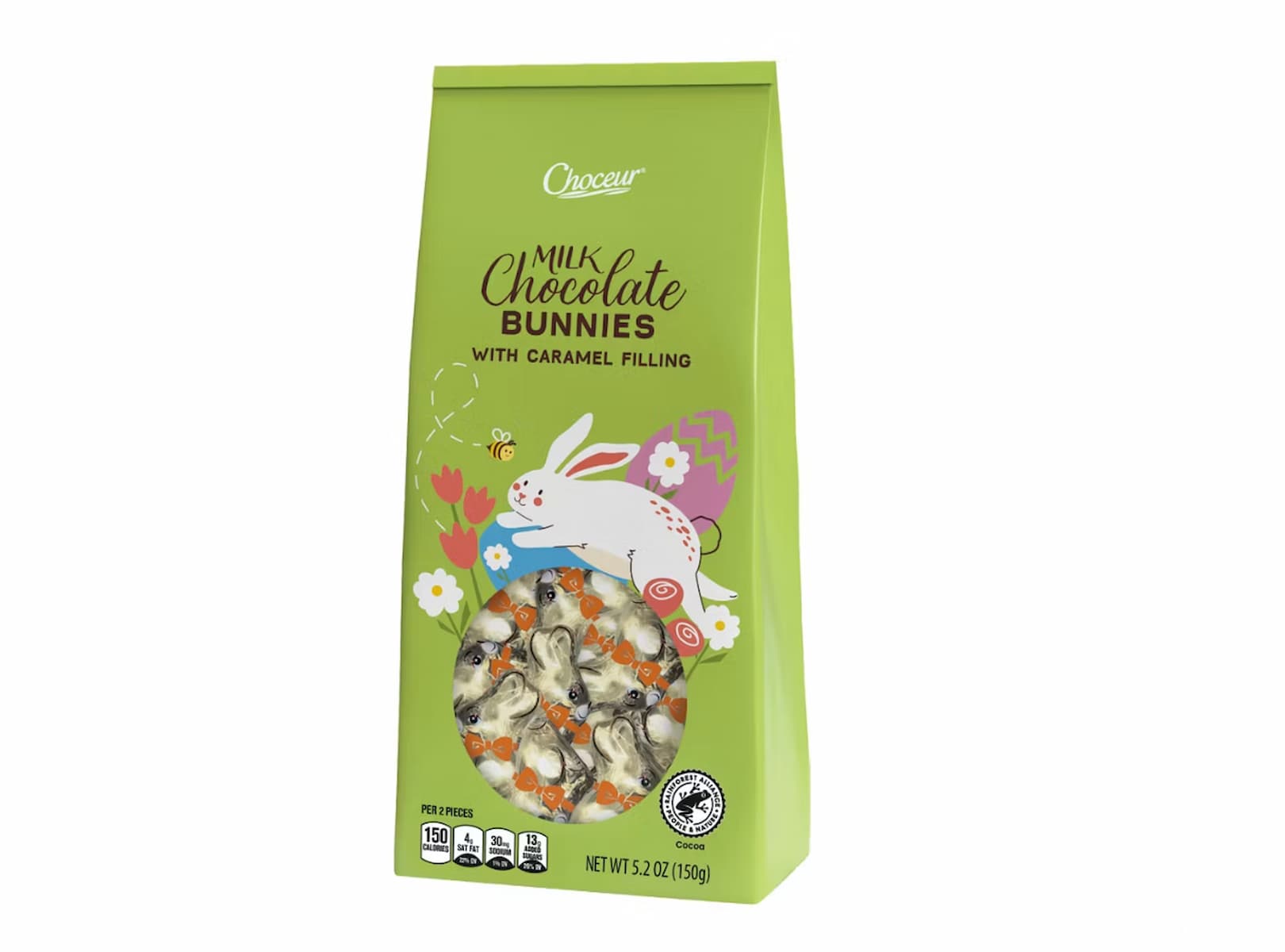 A green bag of Choceur Milk Chocolate Bunnies with Caramel Filling, featuring an illustration of a white bunny, flowers, and bees. The package has a clear window showing chocolate bunny candies inside. Net weight 5.29 oz (150g).