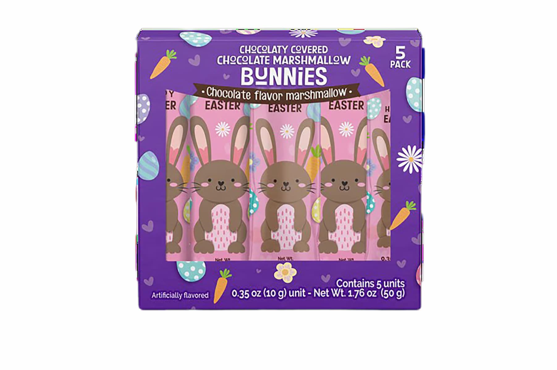 A purple box labeled "Chocolate Covered Marshmallow Bunnies" features three chocolate bunny candies with pink bellies and ears, surrounded by colorful carrots, eggs, and flowers. The box contains five packs and has Easter decorations.