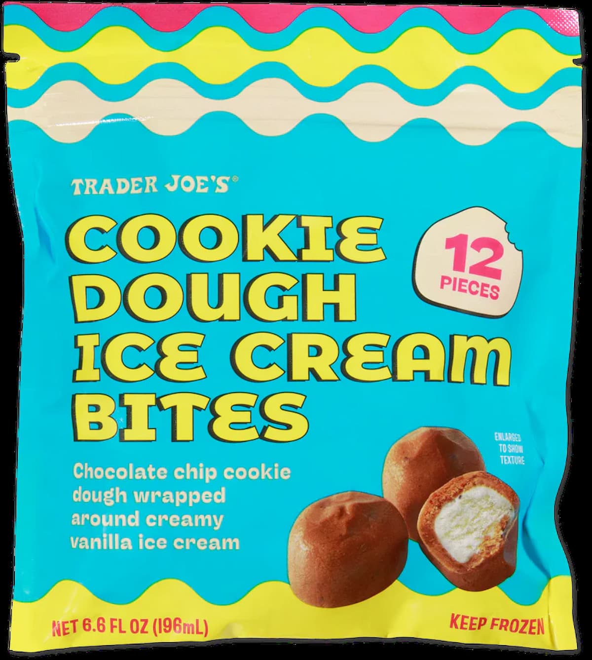 A bag of Trader Joe's Cookie Dough Ice Cream Bites featuring 12 pieces of chocolate chip cookie dough wrapped around vanilla ice cream, with images of the bites and colorful wavy designs on the packaging.