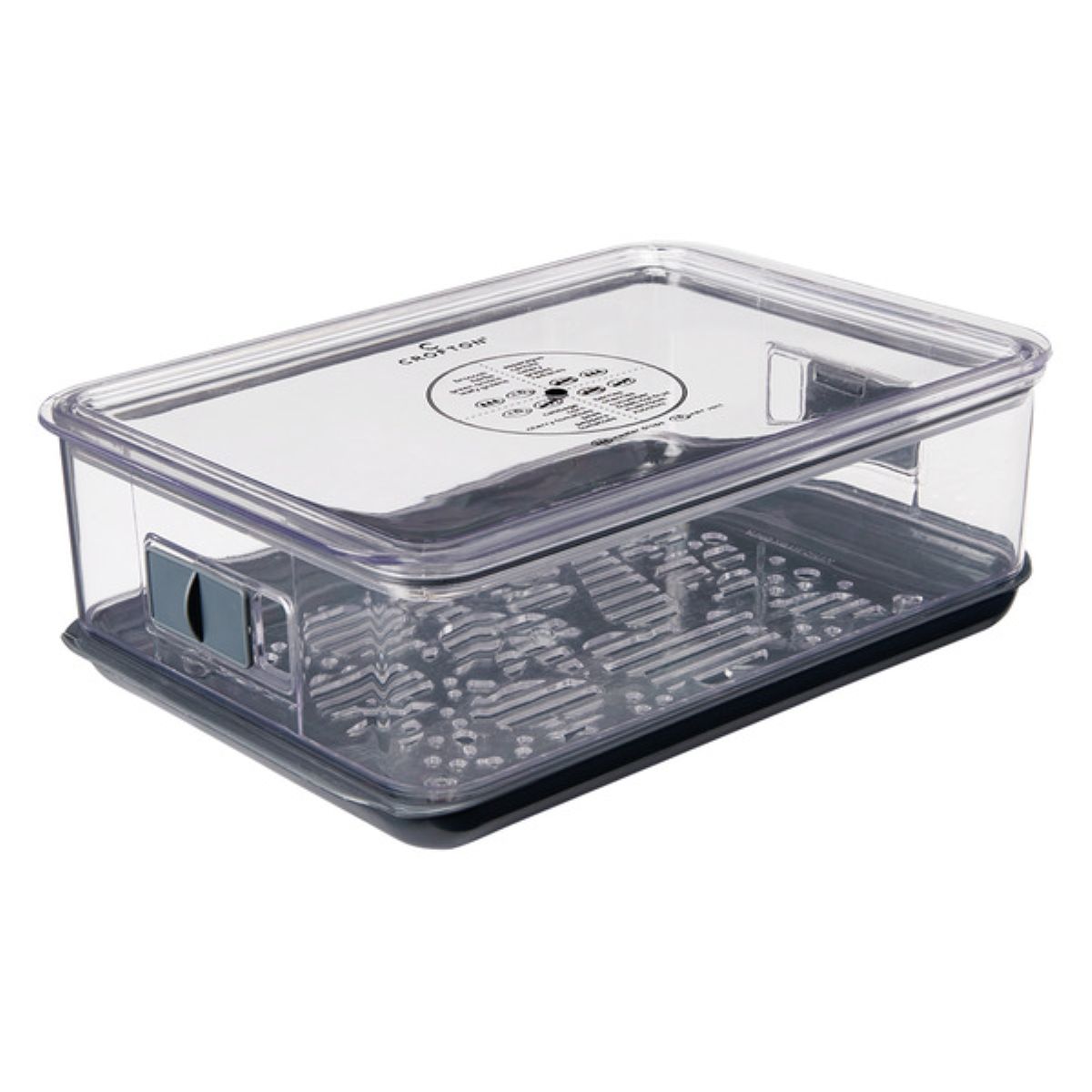 A clear rectangular food storage container with a vented lid and a raised tray inside, designed to keep produce fresh. The container is transparent with black accents.