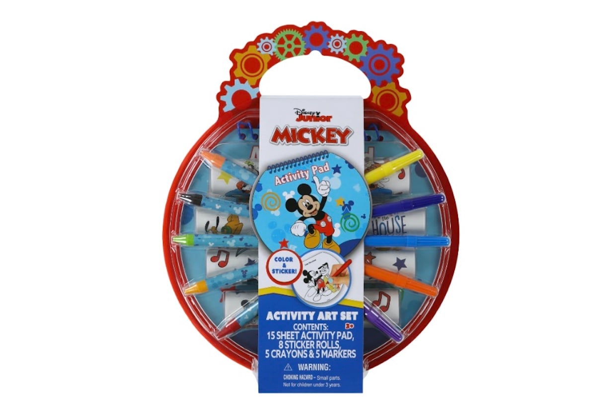A Disney Junior Mickey Activity Art Set featuring an activity pad, sticker rolls, crayons, and markers in a red, round package decorated with Mickey Mouse graphics.