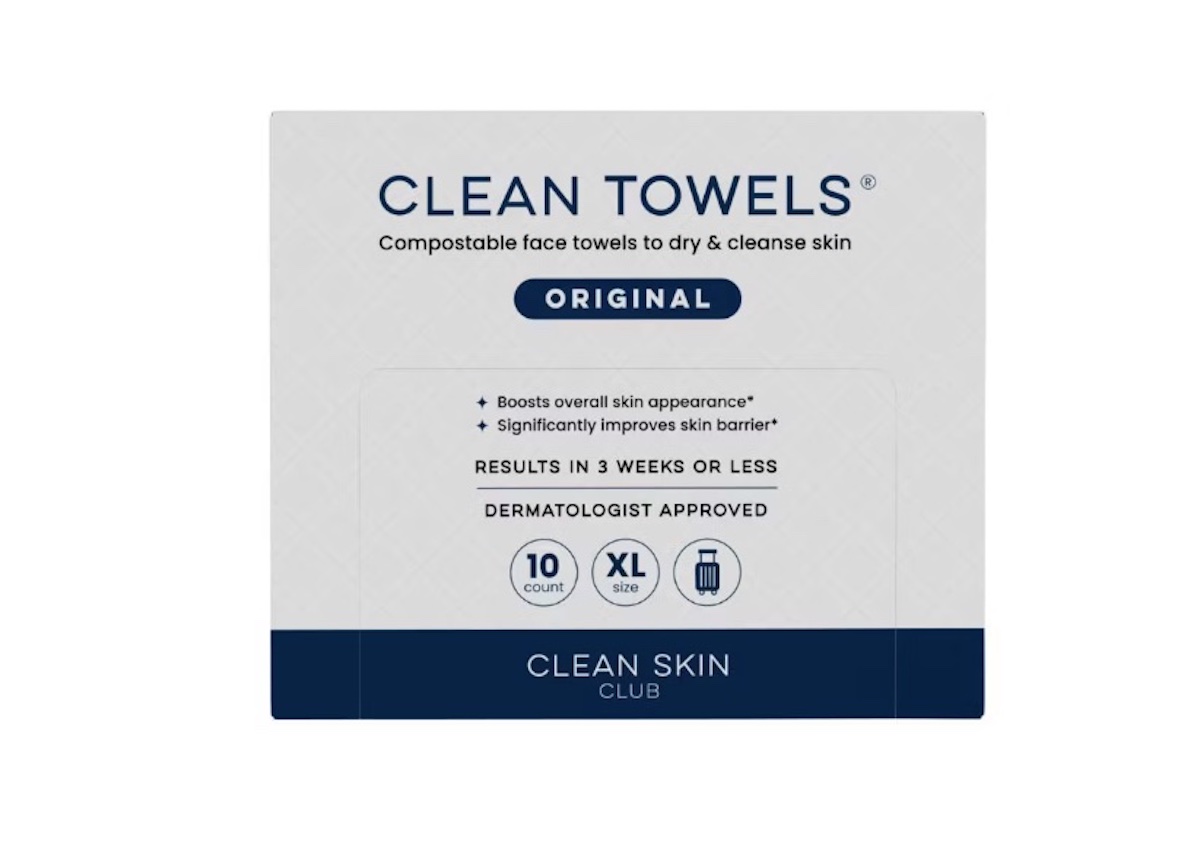 A box of Clean Towels Original by Clean Skin Club, labeled as compostable face towels to dry and cleanse skin—perfect for spring break adventures. The dermatologist-approved box features 10 XL size towels.