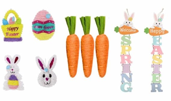 Dollar Tree Easter decorations including a basket, egg, bunny figures, three carrots, and two bunny signs reading "Welcome Spring" and "Happy Easter," all in bright, festive colors.