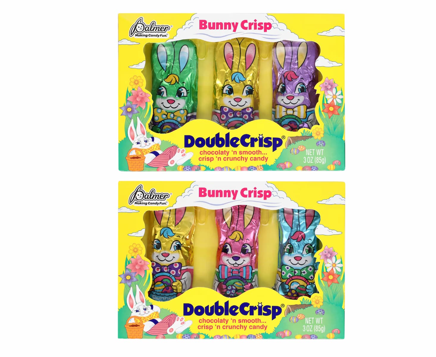 Two yellow boxes of Palmer DoubleCrisp Bunny Crisp chocolates, each containing four foil-wrapped chocolate bunny figures in green, yellow, pink, and blue, with colorful Easter-themed packaging.