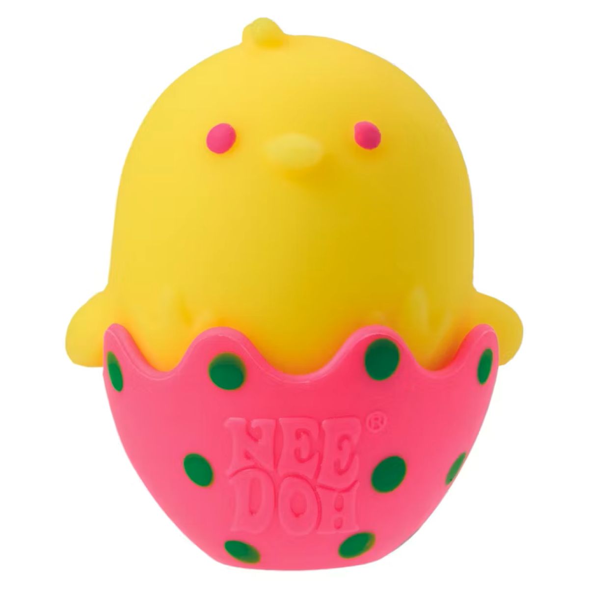 A yellow chick toy with a small beak and wings is sitting in a pink, green-dotted egg shell labeled "NEE DOH." The chick has round pink eyes and a tiny tuft on its head.