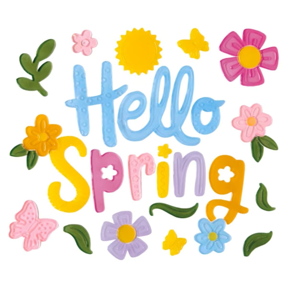 Colorful text "Hello Spring" surrounded by flowers, leaves, butterflies, and a sun, all in bright pastel colors, representing a cheerful spring theme.