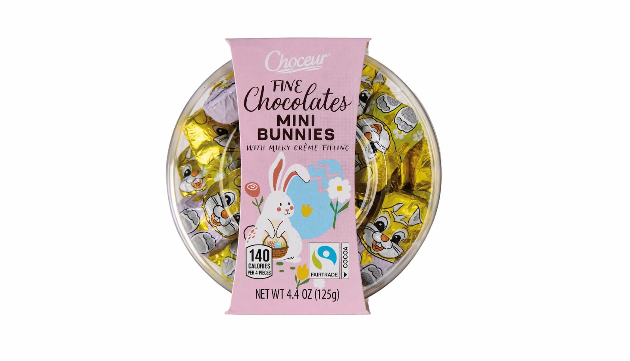 A round container of Choceur Fine Chocolates Mini Bunnies with milky crème filling. The label shows cartoon bunnies and a pink background. The net weight is 4.4 oz (125g) and it's marked Fairtrade.
