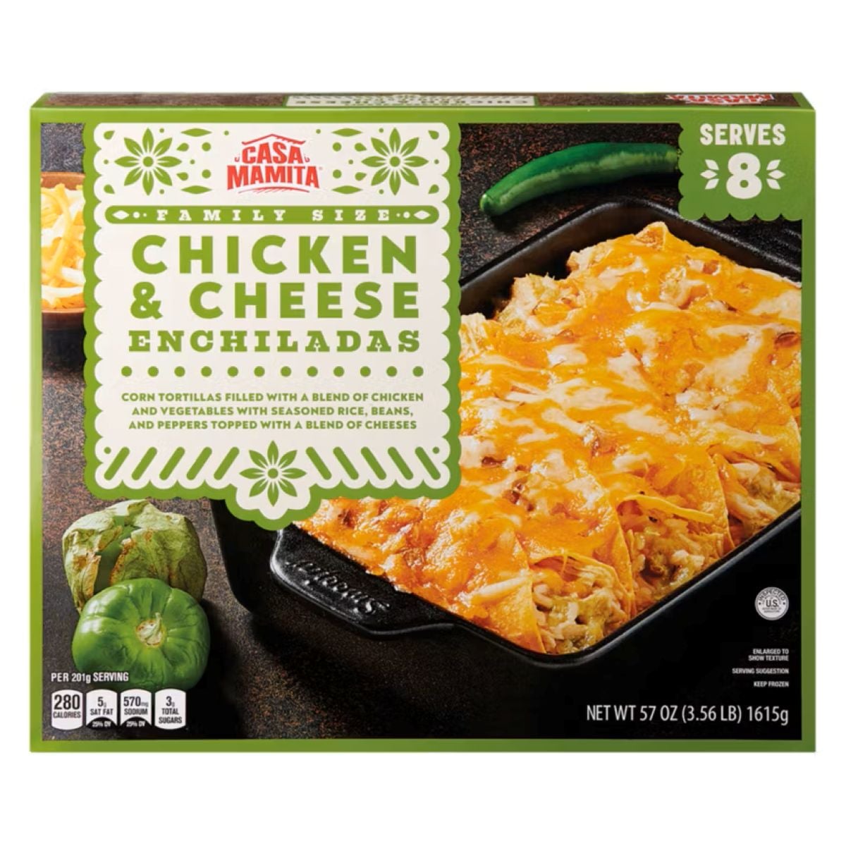 A box of Casa Mamita Chicken & Cheese Enchiladas, family size. The package shows a tray of enchiladas topped with melted cheese, with green peppers and seasoning decorations. Serves 8 or more. Net weight 57 oz (1615g).