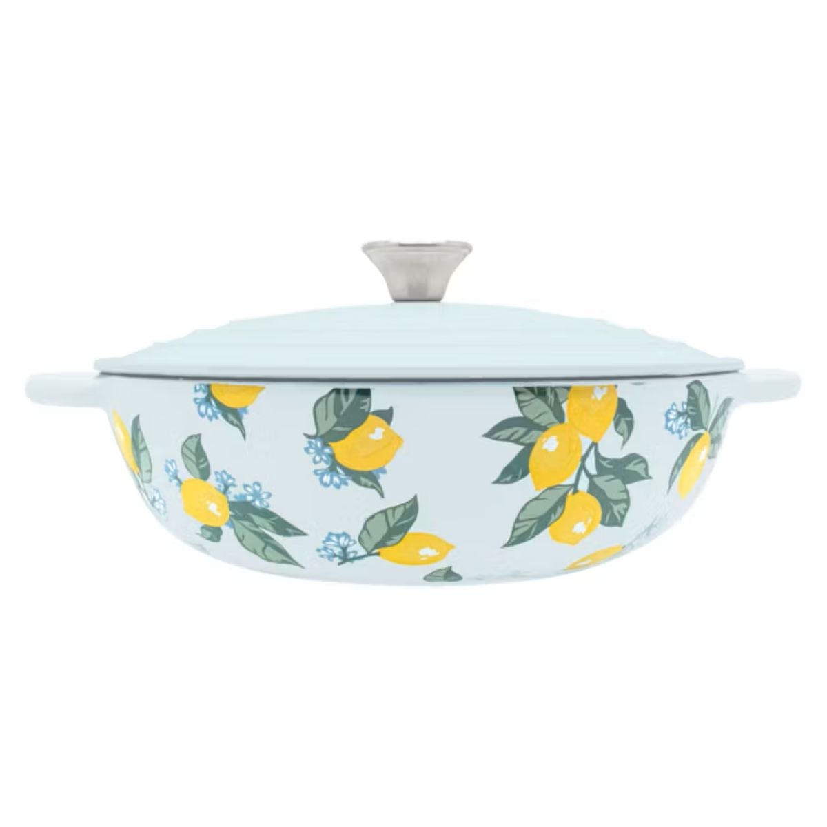 A round, light blue casserole dish with handles, a matching lid, and a silver knob. The dish is decorated with a pattern of yellow lemons, green leaves, and small blue flowers.