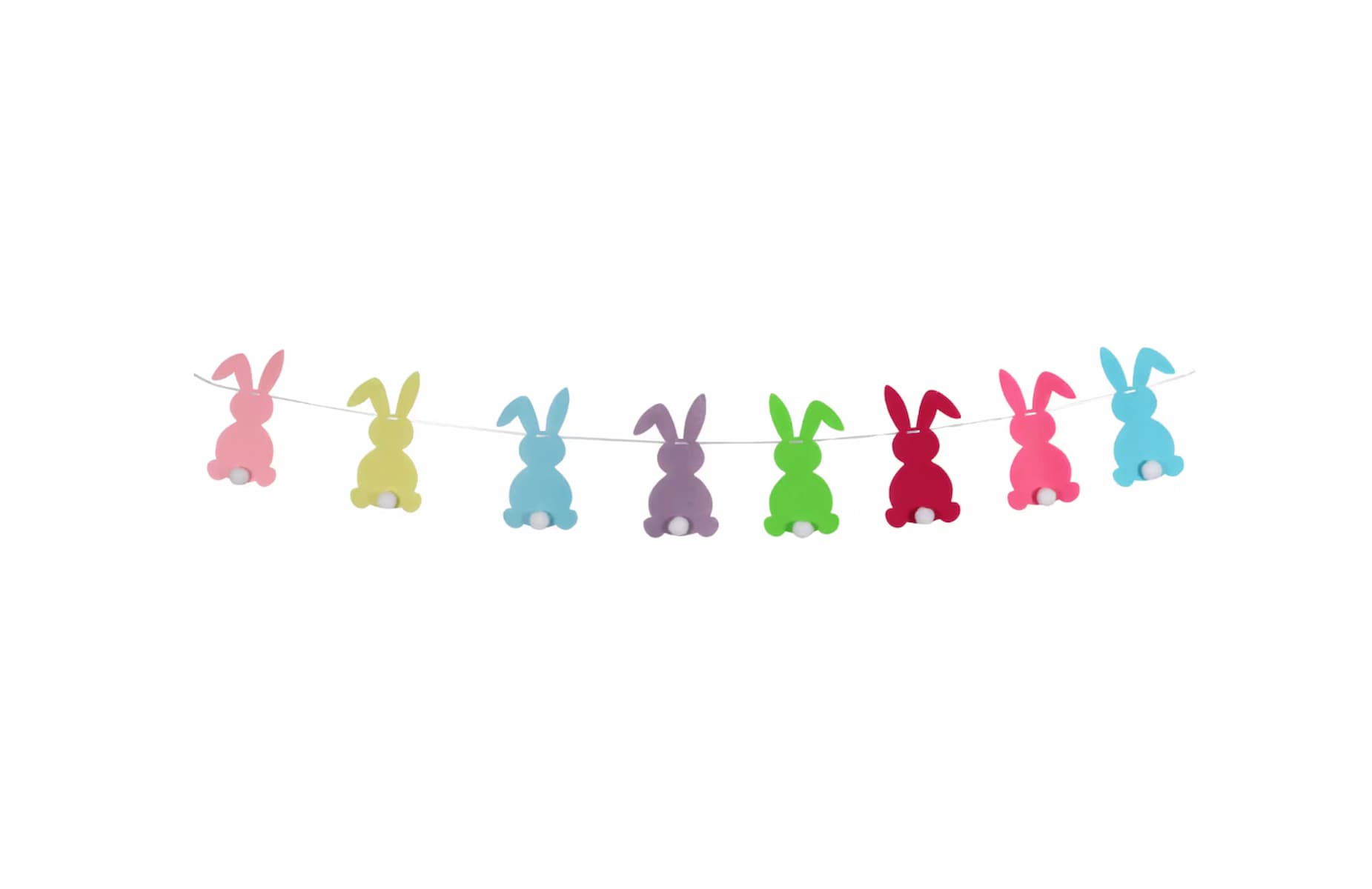 A string garland featuring colorful paper cutouts of bunny silhouettes, each with a small white tail, hanging in a row on a white background.