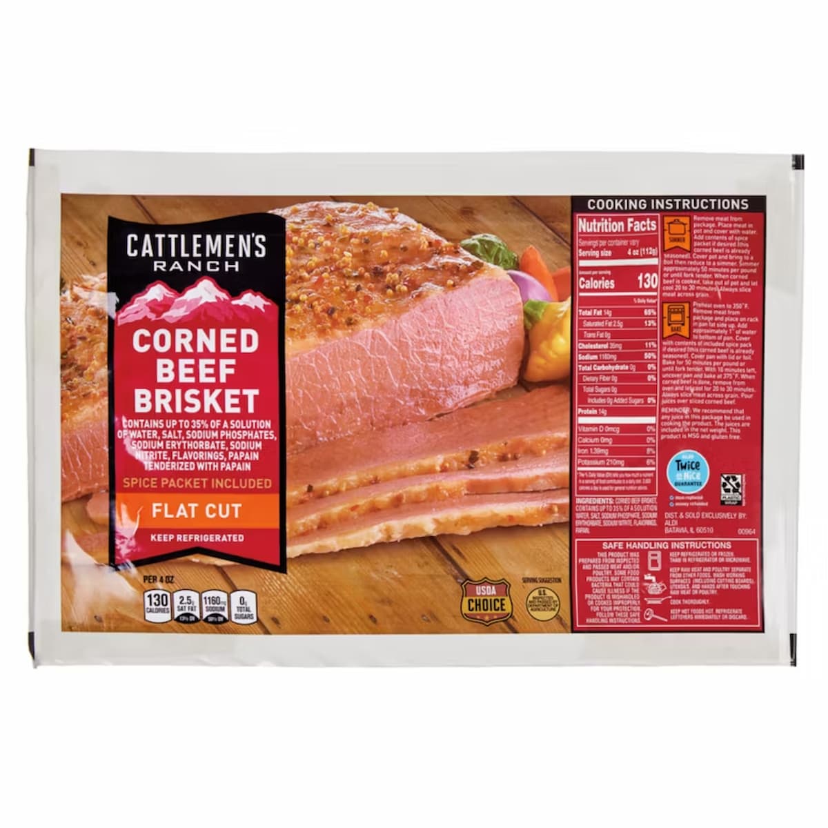 Package of Cattlemen’s Ranch Corned Beef Brisket, flat cut, with sliced brisket shown. Label notes spice packet included and displays nutrition facts, cooking instructions, and safe handling information.