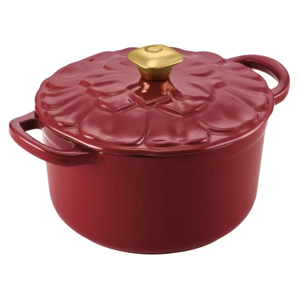 A red ceramic Dutch oven with a flower-patterned lid and a gold knob handle, featuring two side handles, shown against a white background.