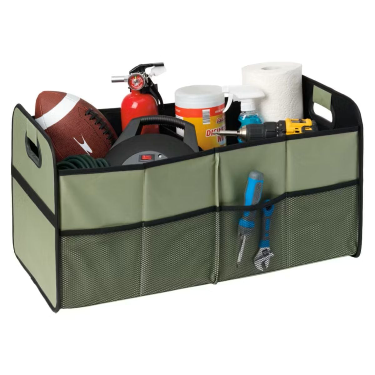 A green fabric car trunk organizer filled with various items, including a football, fire extinguisher, paper towels, disinfecting wipes, power drill, tools, and a portable air compressor.