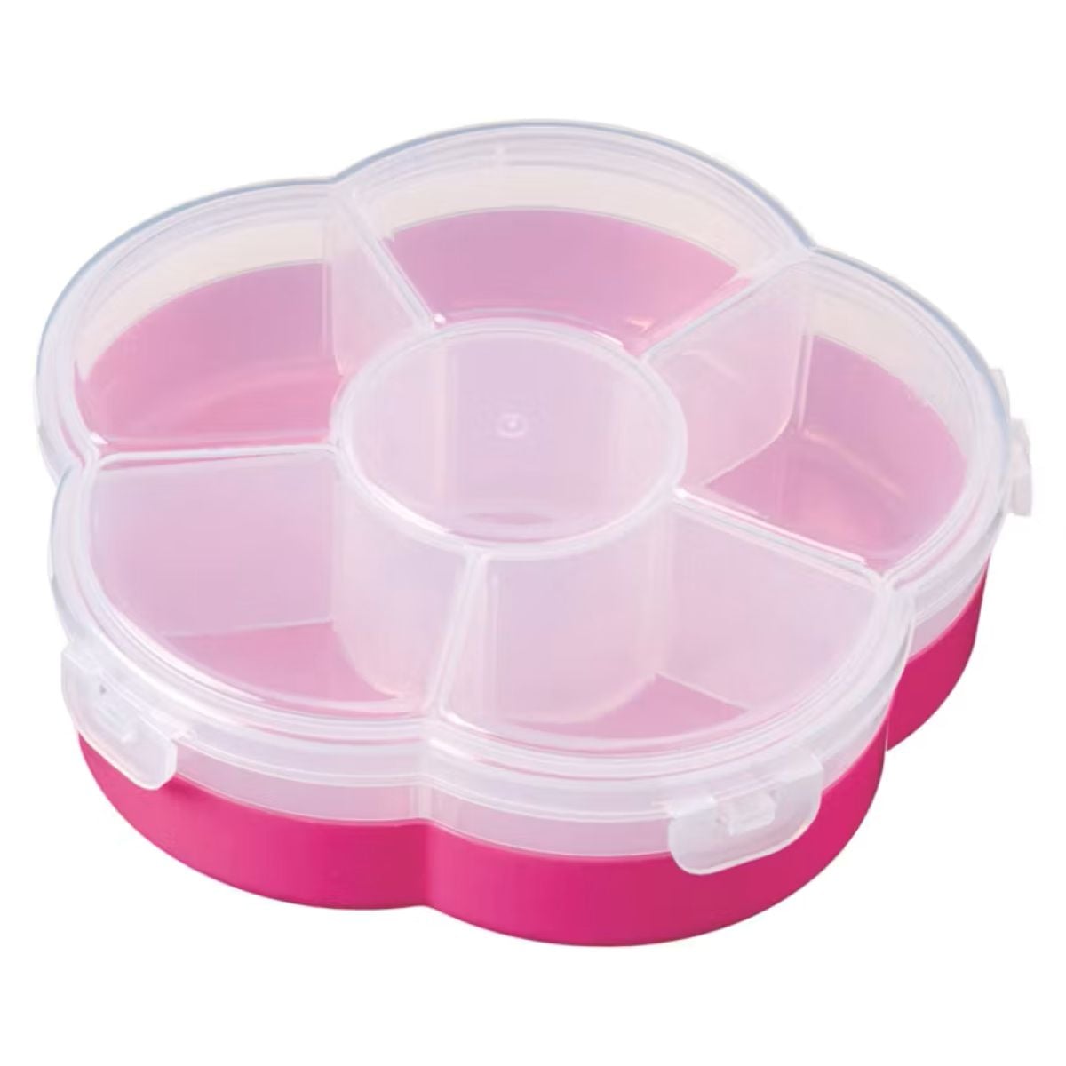 A pink, flower-shaped plastic food storage container with five outer compartments and one central compartment, all covered by a clear lid with snap locks.