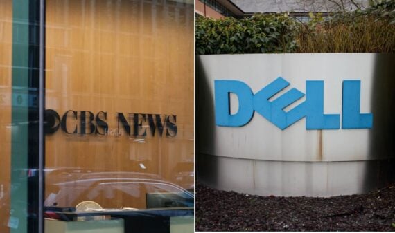 A split image shows the CBS News logo on a glass wall indoors on the left, while the right displays the blue Dell logo outdoors among plants&mdash;both companies recently referenced in discussions about 2026 layoffs.