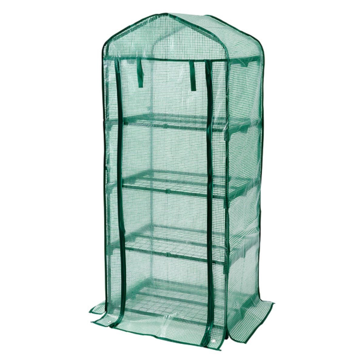 A small, four-tiered green mesh greenhouse with a zippered front cover and a metal frame, designed for indoor or outdoor use to protect and grow plants.