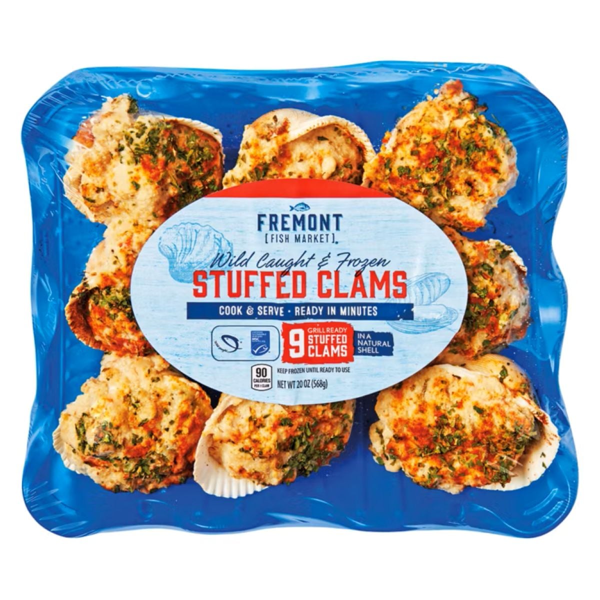 A blue plastic tray contains nine stuffed clam shells, topped with breadcrumbs and herbs. The label reads “Fremont Fish Market Wild Caught & Frozen Stuffed Clams. Cook & Serve. Ready In Minutes. 9 Stuffed Clams.”