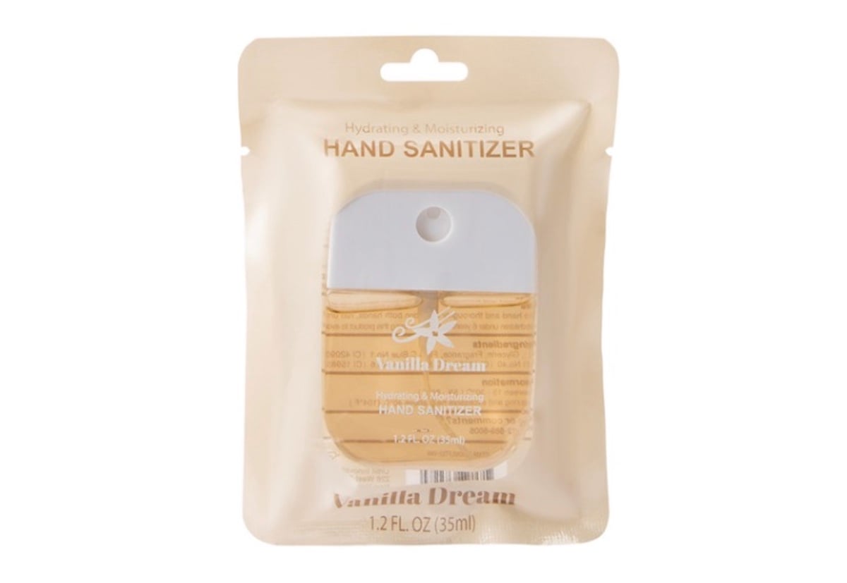 A beige and white packet labeled "Hydrating & Moisturizing Hand Sanitizer" with a "Vanilla Dream" scent, this beauty product contains a 1.2 fl oz (35 ml) container inside clear plastic packaging.