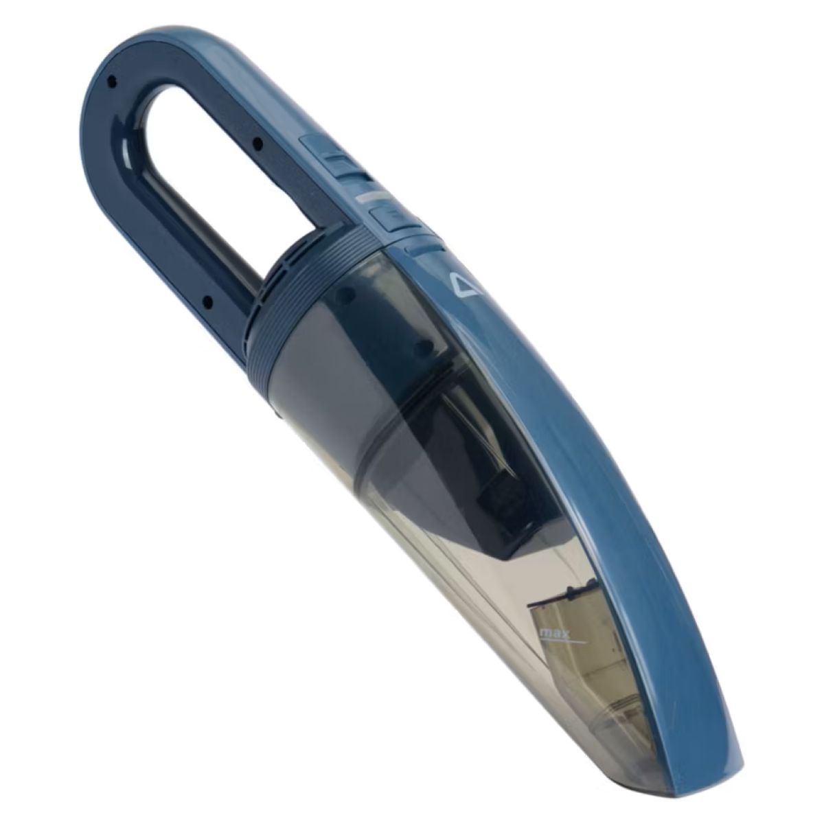 A compact blue handheld vacuum cleaner with a transparent dust compartment, shown at an angle on a white background.