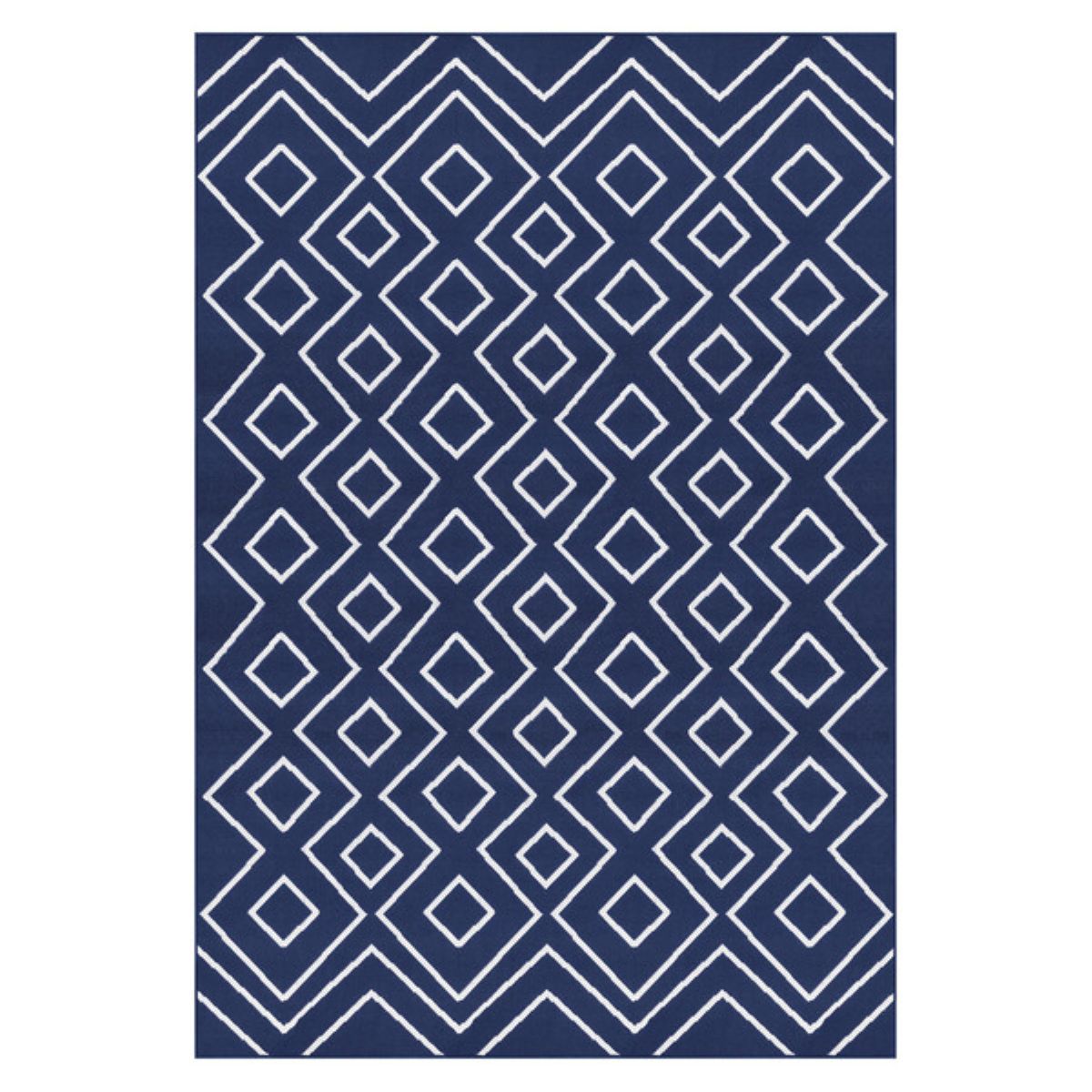 A geometric rug with a navy blue background features a repeating pattern of white diamond shapes arranged in diagonal rows, creating a bold and symmetrical design.