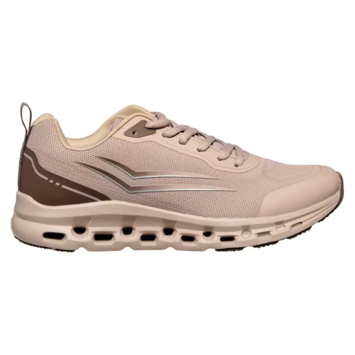 A light beige athletic sneaker with a mesh upper, brown and silver accents, a lace-up design, and a thick sole featuring visible ventilation holes.