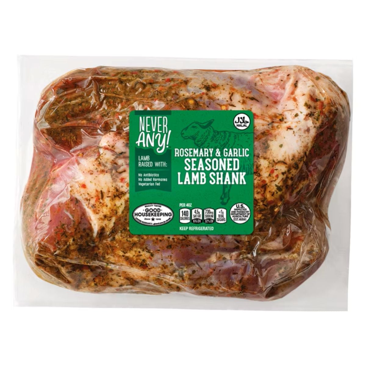 Vacuum-sealed package of seasoned lamb shank with a green label that reads "Never Any! Rosemary & Garlic Seasoned Lamb Shank," highlighting no additives, antibiotics, or added hormones.