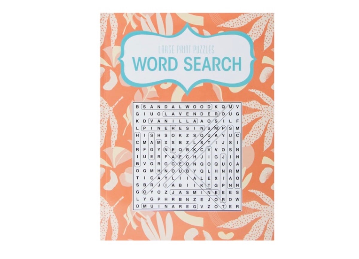 A five below finds favorite, this word search puzzle book features an orange and white floral cover with "Large Print Puzzles Word Search" in blue and white at the top, plus a completed puzzle displayed on the front.