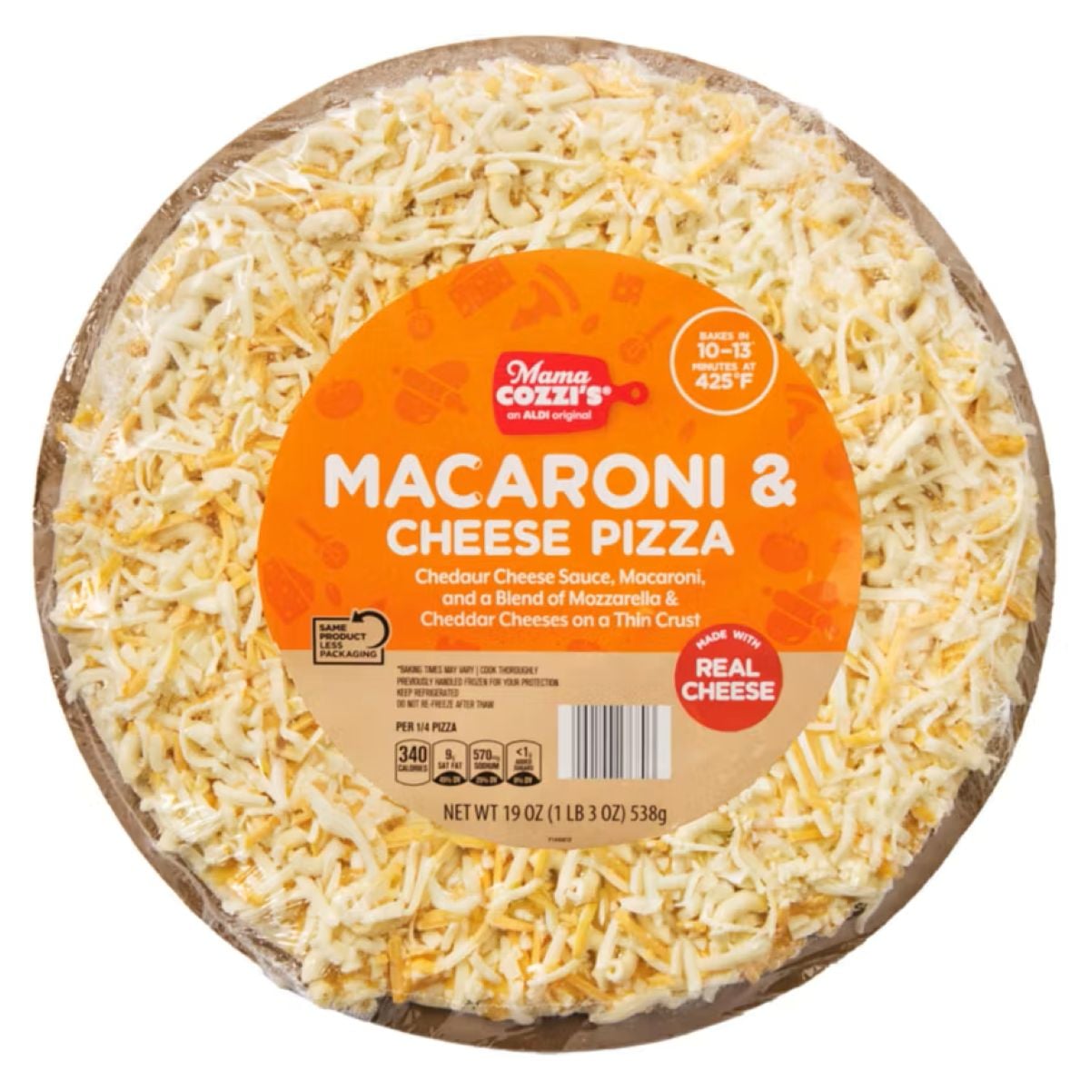 A round, uncooked macaroni and cheese pizza in clear packaging with an orange label that reads "Macaroni & Cheese Pizza" and lists ingredients like cheddar cheese sauce, macaroni, mozzarella, and cheddar cheeses.