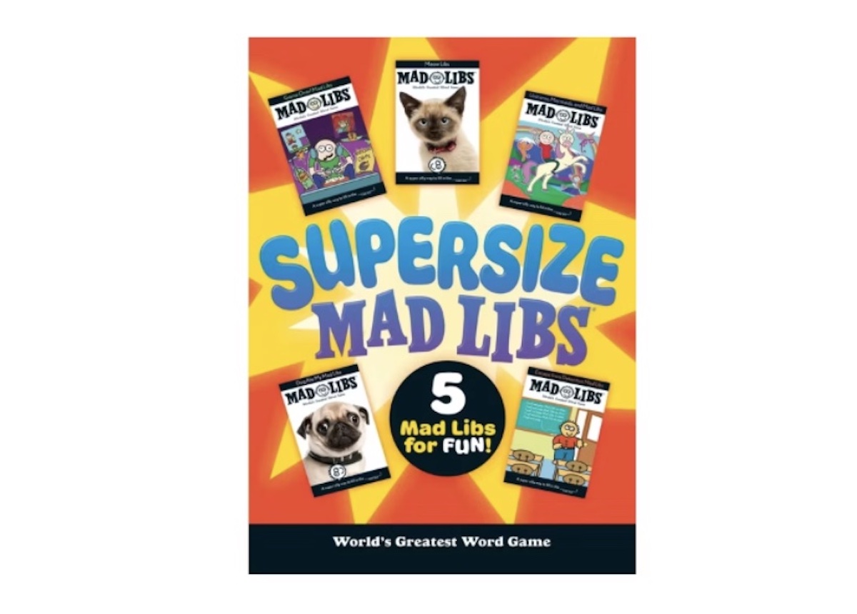 The cover of a book titled "SUPERSIZE MAD LIBS" features five Mad Libs book covers, a starburst background, and the text "5 Mad Libs for FUN! World's Greatest Word Game"—perfect for spring break adventures.