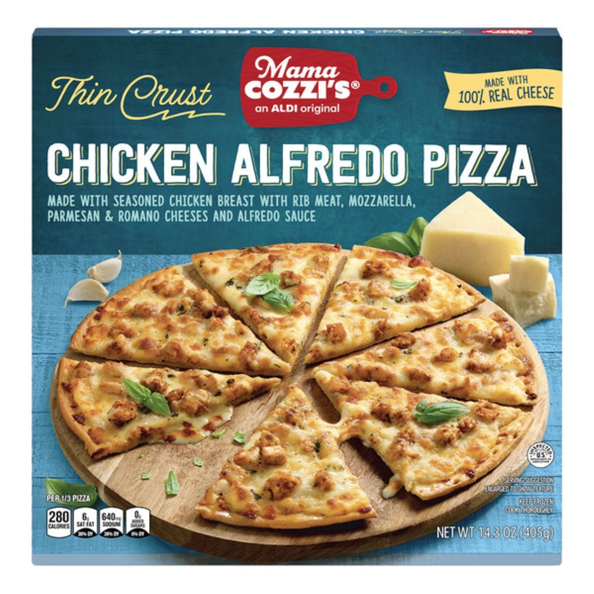 Box of Mama Cozzi’s Thin Crust Chicken Alfredo Pizza, showing a baked pizza topped with chicken, cheese, and herbs, sliced into eight pieces. The box highlights real cheese and 280 calories per serving.