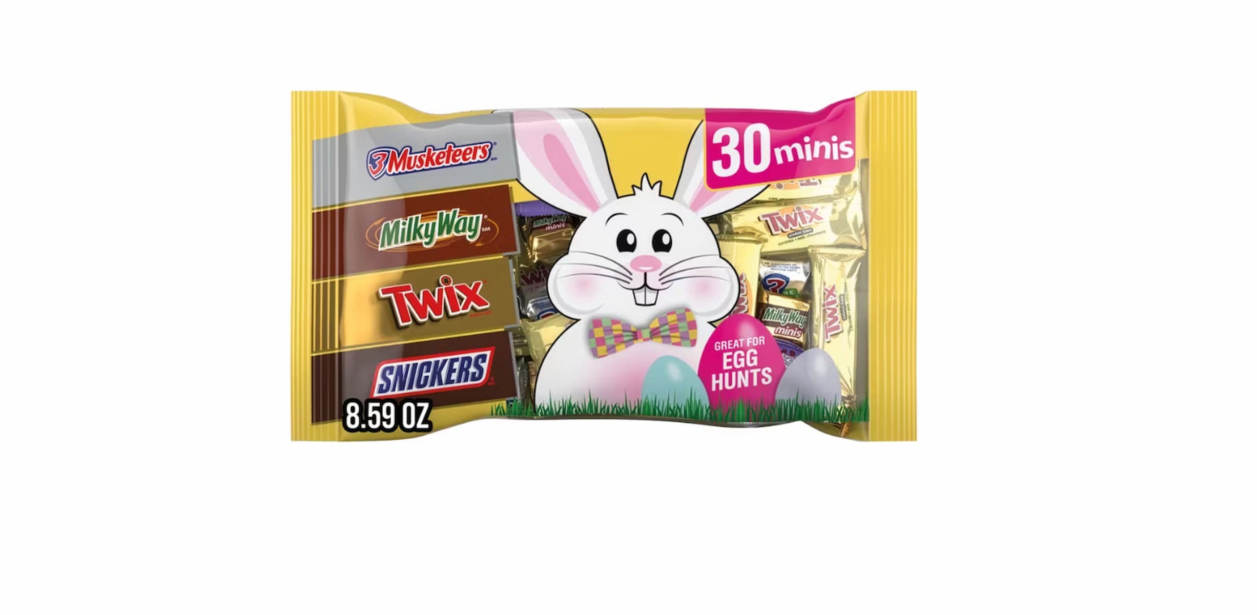 A bag of assorted mini chocolate bars (3 Musketeers, Milky Way, Twix, Snickers) featuring a cartoon bunny and eggs on the front, labeled “Great for egg hunts” and “8.59 oz.”
