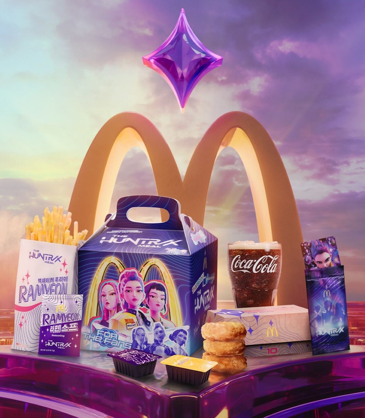A futuristic McDonald's meal set from a new fast-food menu with purple-themed packaging featuring animated characters, fries, nuggets, a drink, and sauces—set against golden arches and a cosmic sky with a floating purple crystal.