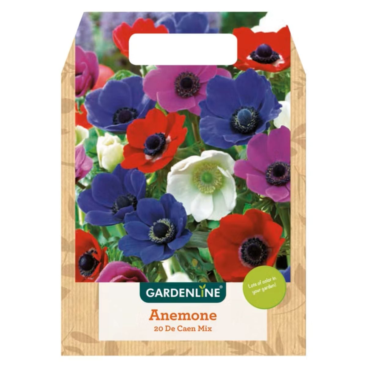 A packet of Gardenline Anemone 20 De Caen Mix bulbs, featuring an image of vibrant anemone flowers in red, purple, blue, and white, with green foliage in the background.