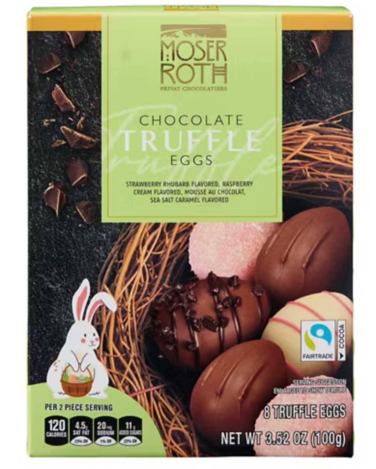 Box of Moser Roth Chocolate Truffle Eggs, perfect as Easter candy, featuring images of chocolate eggs, a white bunny illustration, and product details such as Fairtrade certification and nutrition facts on the front.