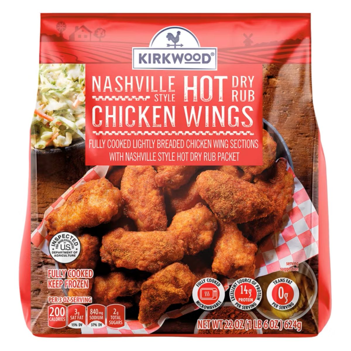 A bag of Kirkwood Nashville Style Hot Dry Rub Chicken Wings showing breaded chicken wings on a checkered paper, with product details and nutrition facts on the packaging.