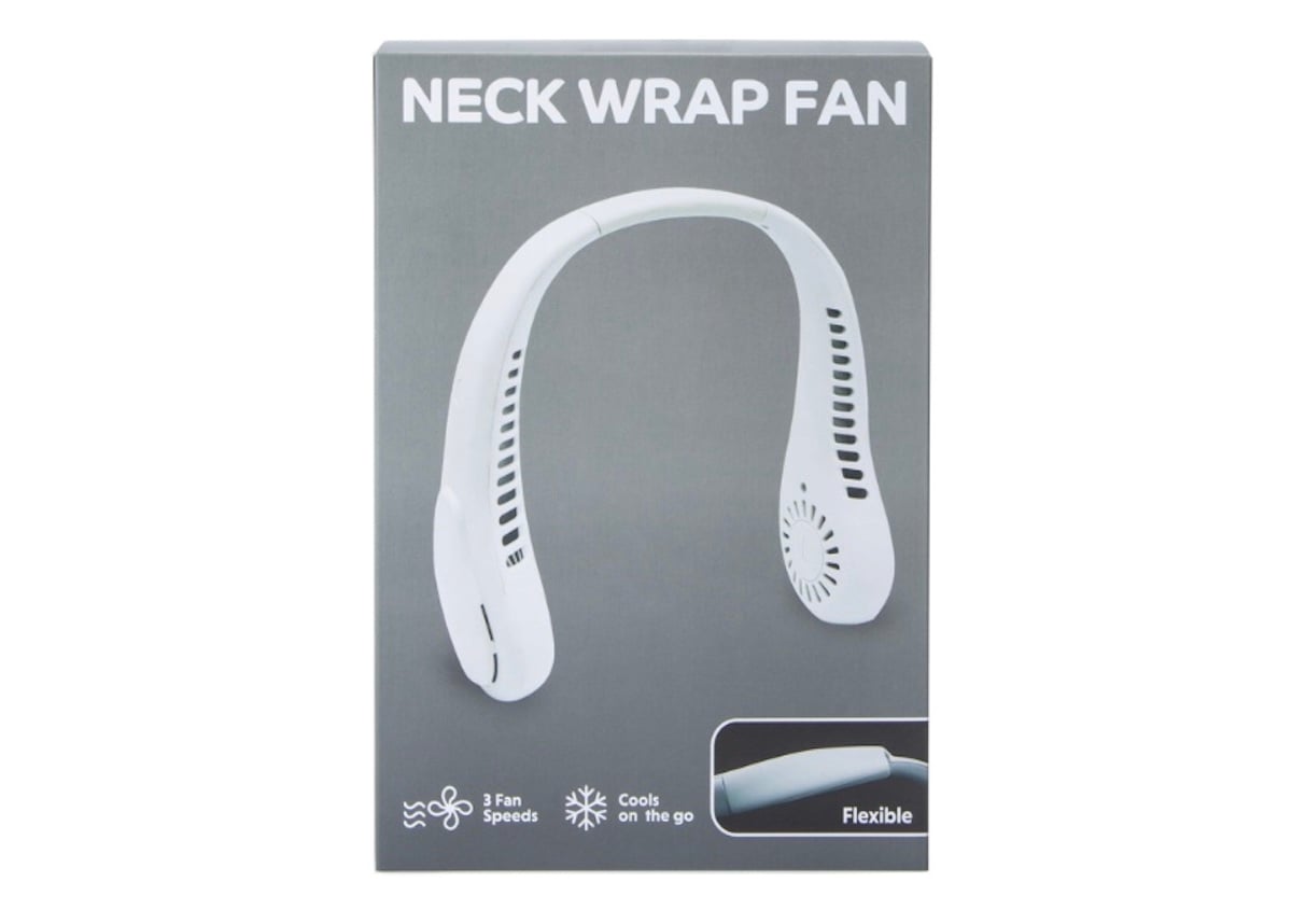 A product box displays a white neck wrap fan with vents on both ends. Text on the box reads "Neck Wrap Fan" and highlights features like 3 fan speeds, portable cooling, and flexibility—one of those great Five Below finds.
