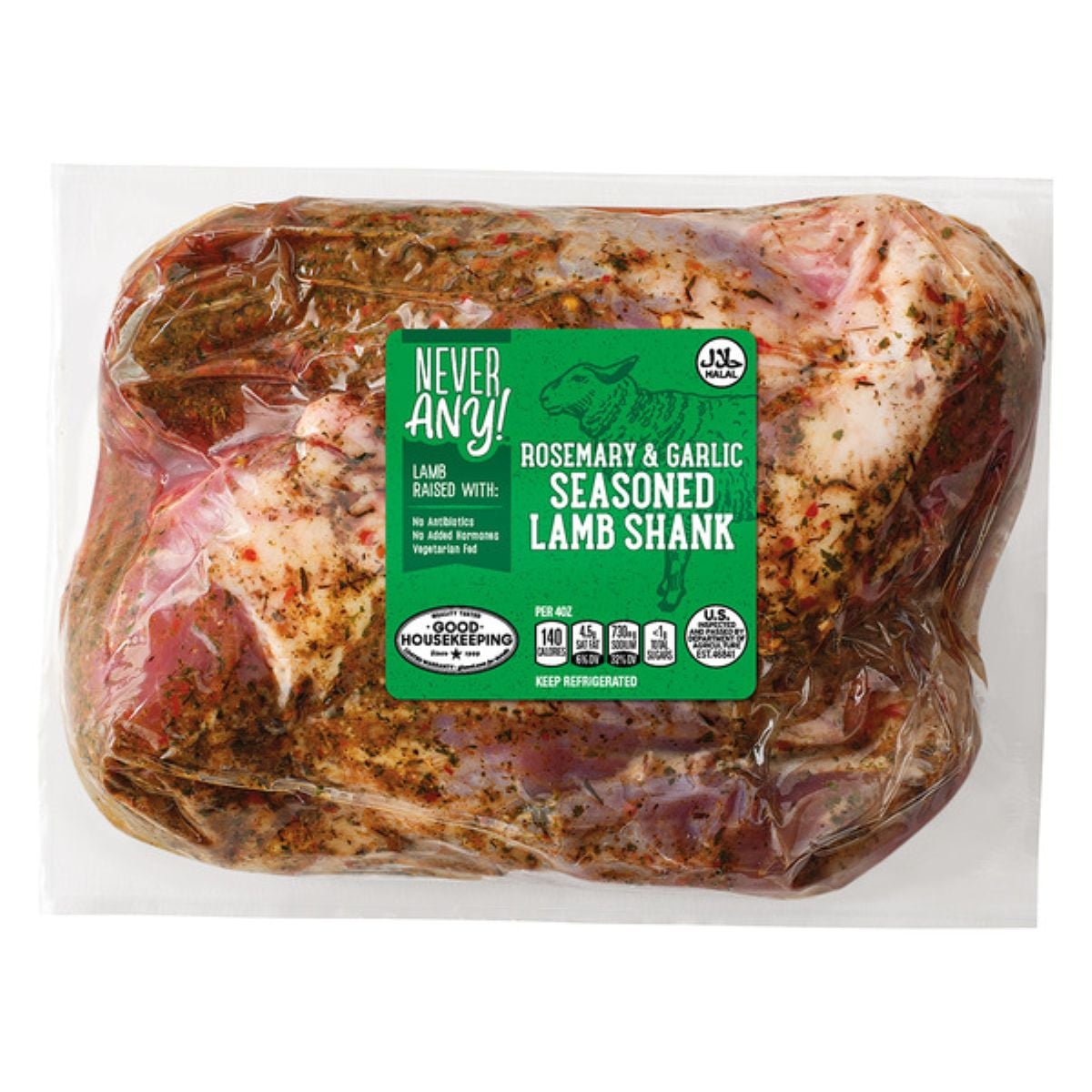 A vacuum-sealed package of seasoned lamb shank with rosemary and garlic. The label reads "Never Any! Rosemary & Garlic Seasoned Lamb Shank" with additional product information and certifications.