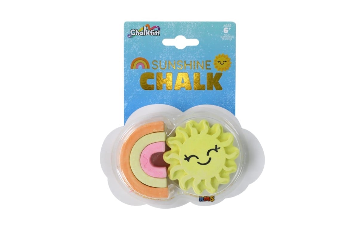 Colorful chalk set in the shape of a smiling yellow sun and a rainbow, packaged in a blister pack labeled "Sunshine Chalk" with a rainbow and sun design on the card. For ages 6 and up.