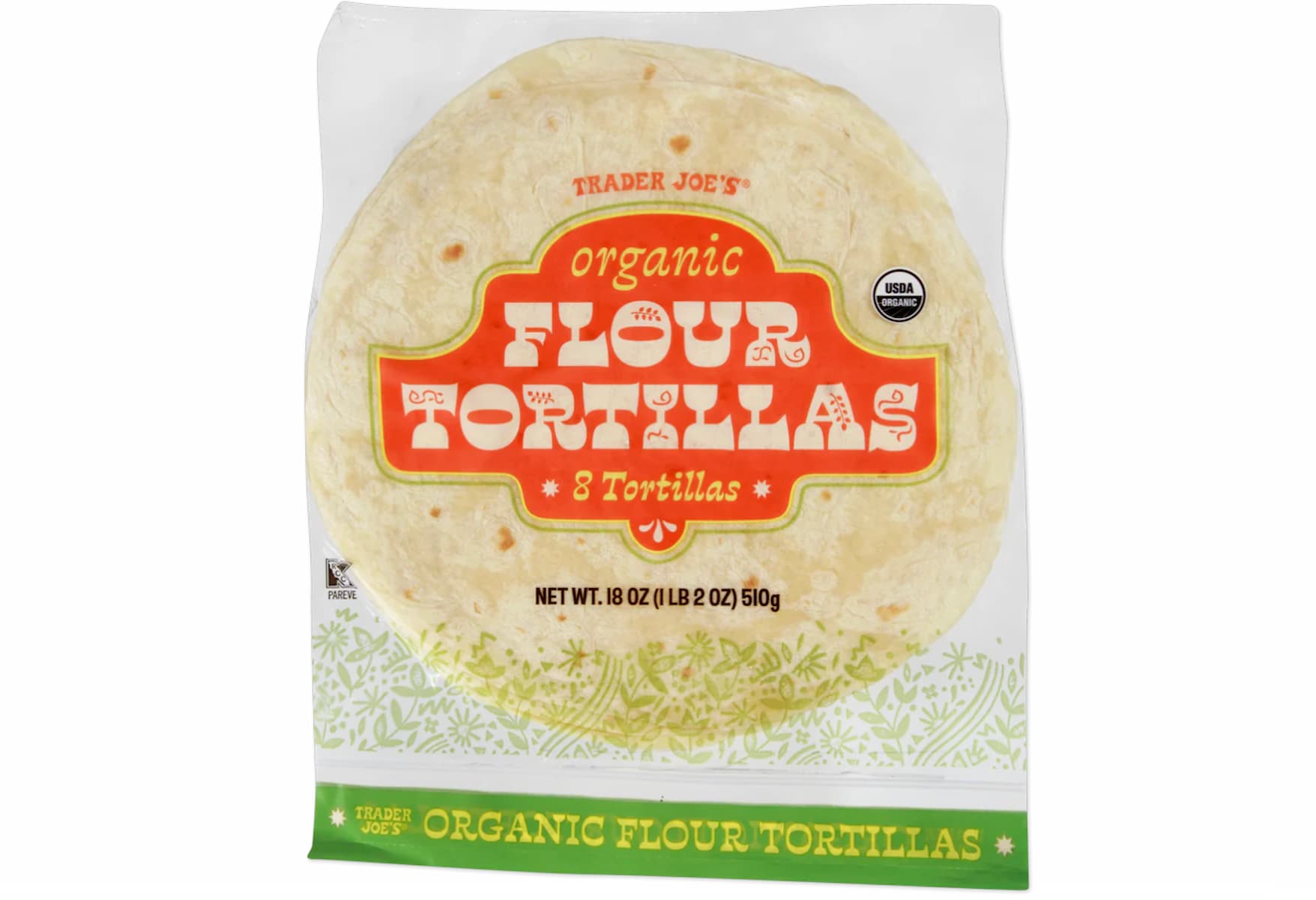 A package of Trader Joe's Organic Flour Tortillas, displaying a large tortilla inside. The packaging is white and green with an orange and yellow label that reads "Organic Flour Tortillas, 8 Tortillas.