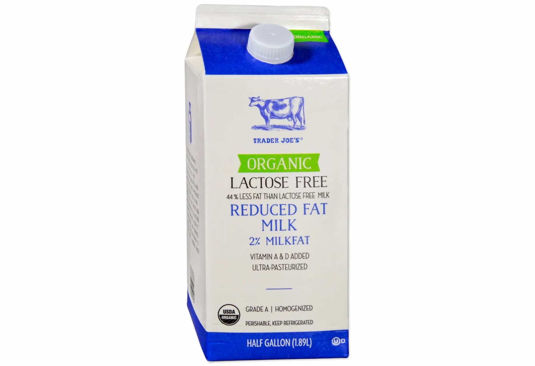 A carton of Trader Joe’s Organic Lactose Free Reduced Fat Milk, featuring a blue and white design with a cow illustration, green "organic" label, and text stating it is 2% milkfat and half a gallon (1.89L).